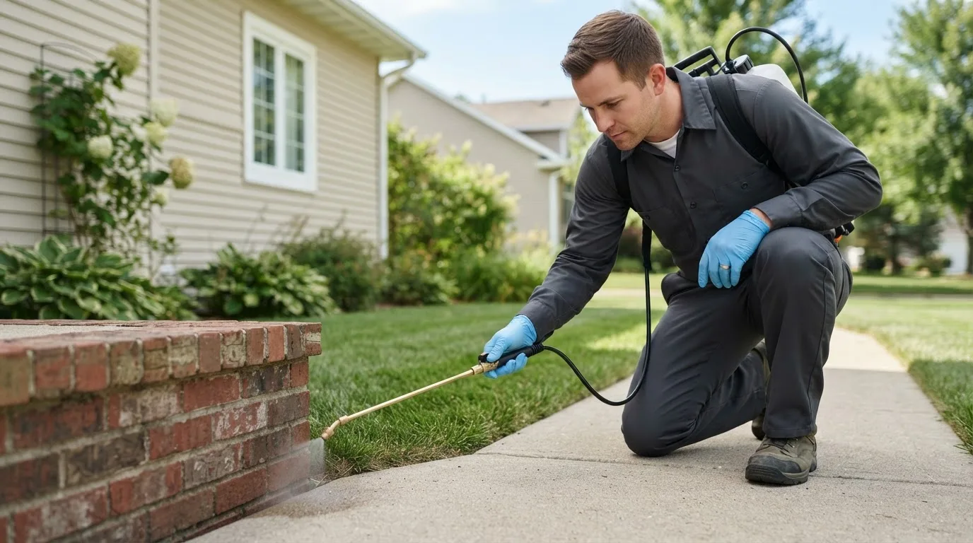 Pest control technician treating a home near Clutier, IA
