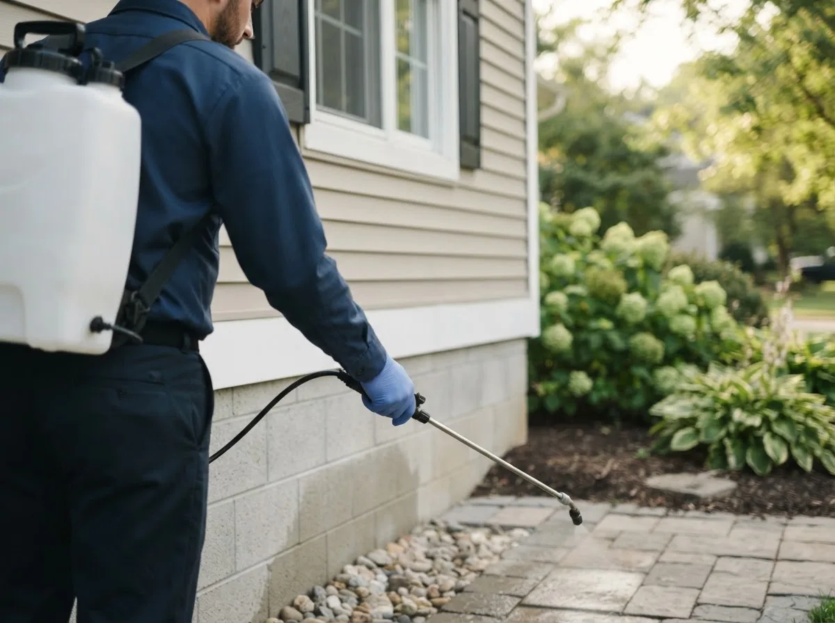 Pest control technician inspecting a home in Clutier, IA